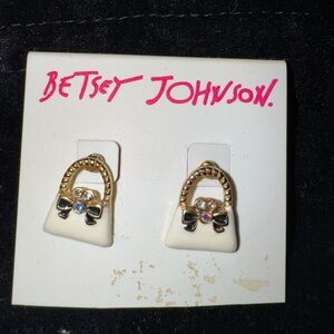 Betsey Johnson Handbag Stud Earrings White & Gold Bow Detail